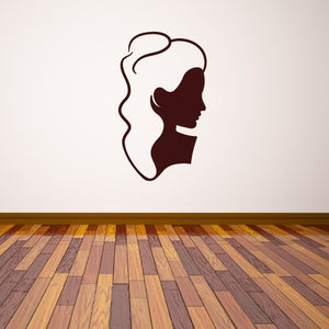Long-haired mannequin head silhouette decal, dark maroon profile with outline
