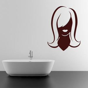 Mannequin head silhouette wall decal, burgundy outline with stylized woman face