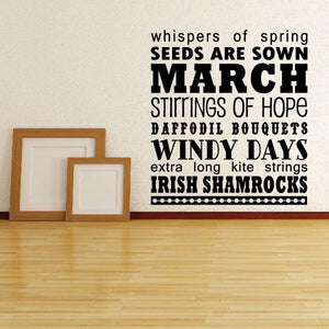 March word collage wall decal with large word MARCH and spring-themed phrases