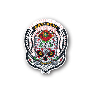 Vinyl sticker featuring a colorful mariachi sugar skull in circular design