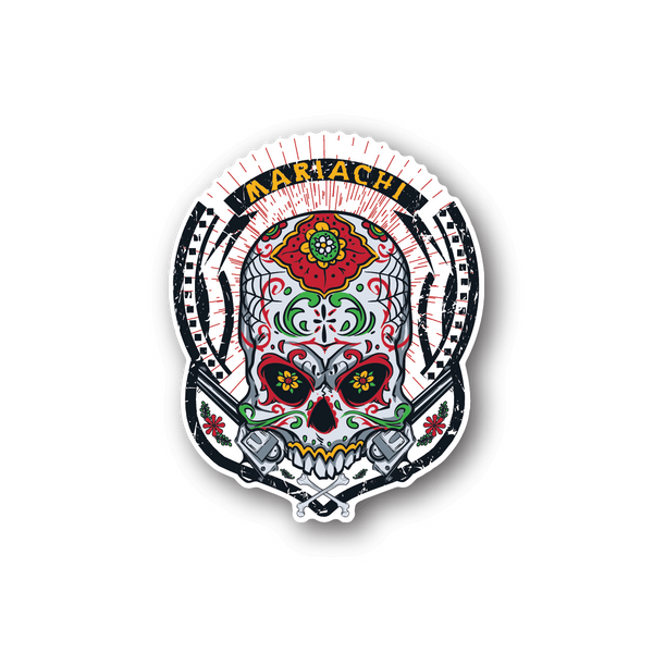 Vinyl sticker featuring a colorful mariachi sugar skull in circular design