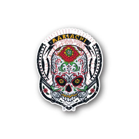 Vinyl sticker featuring a colorful mariachi sugar skull in circular design