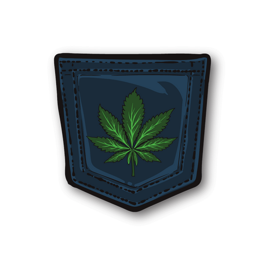Vinyl pocket sticker with green marijuana leaf in dark blue badge shape