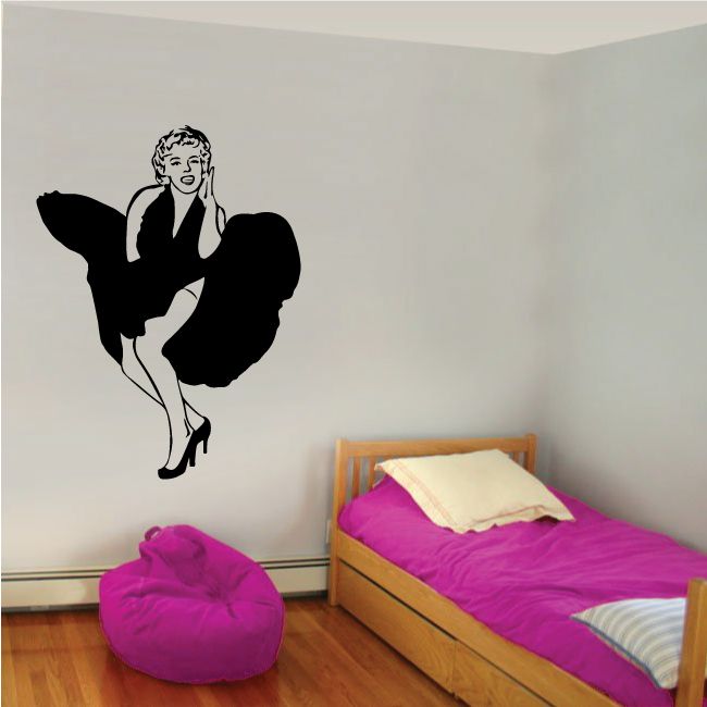 Marilyn Monroe blowing dress wall decal, black silhouette with high heels.