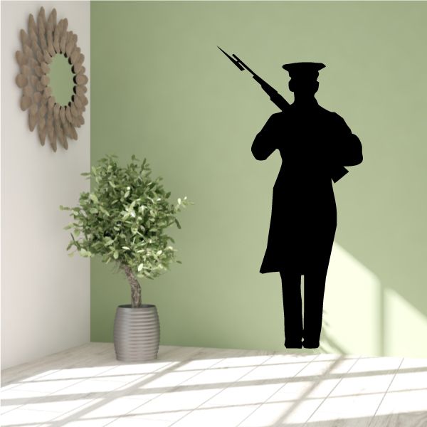 Marine with rifle decal, black silhouette of standing marine holding rifle