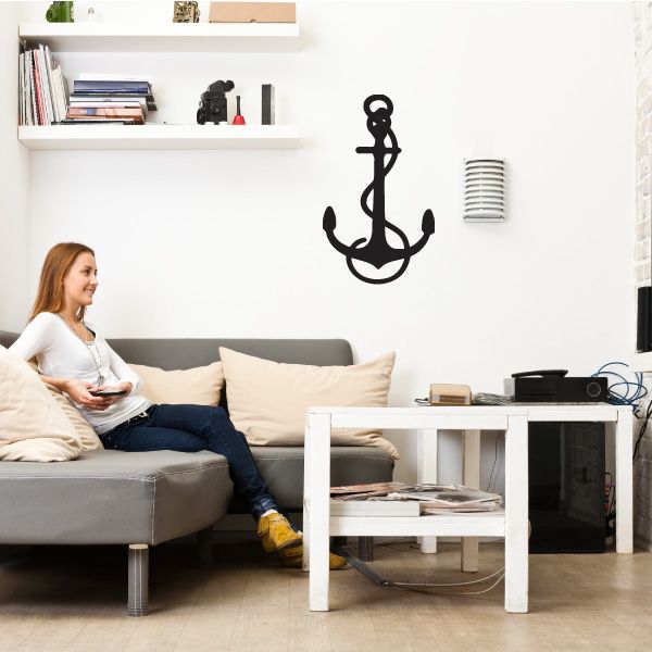 Marine anchor wall decal, black silhouette with rope loop detail
