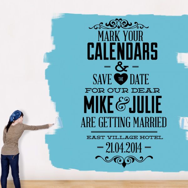 Blue wedding decal with ornate text: Mark Your Calendars, Save the Date, names and date
