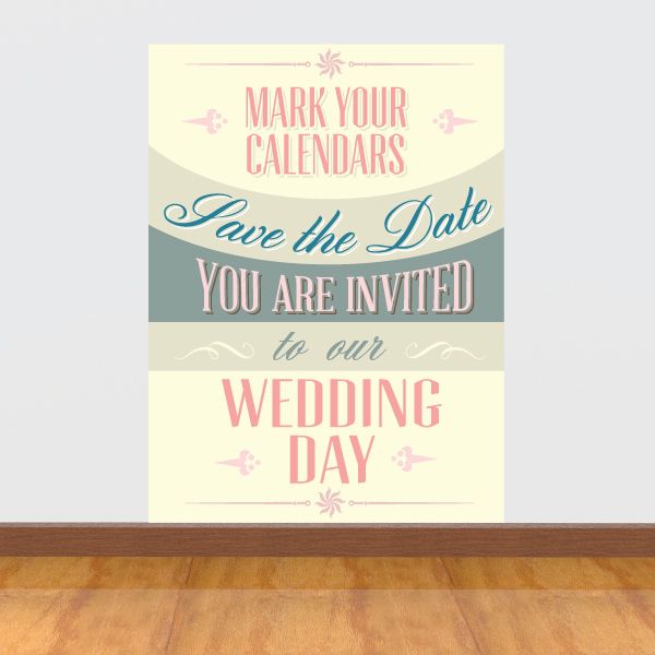 Wedding save-the-date sticker with pastel teal and cream text, 'Save the Date'.