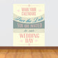 Wedding save-the-date sticker with pastel teal and cream text, 'Save the Date'.