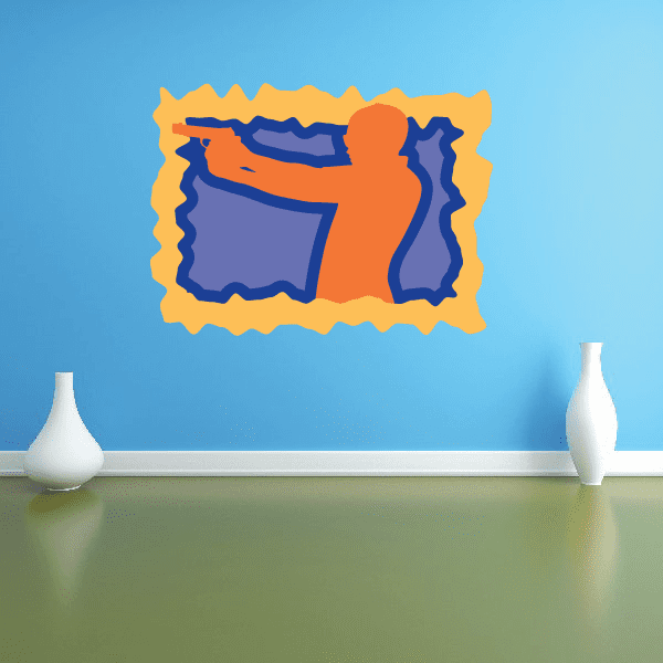 Hunting sticker with orange shooter silhouette and handgun on blue wavy border