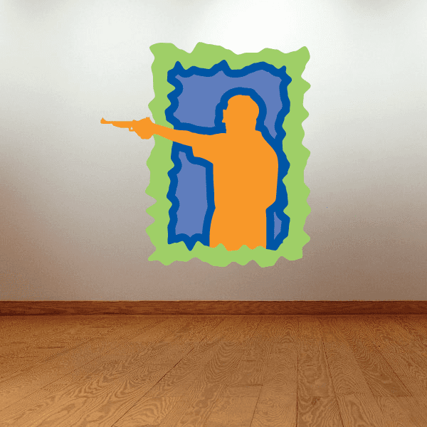 Hunting sticker: orange hunter silhouette in blue, green jagged border