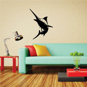 Attacking marlin wall decal, black silhouette with open mouth and fins