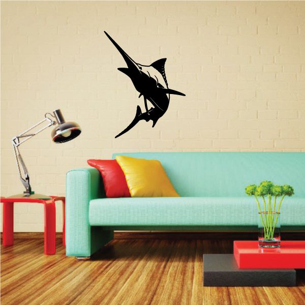 Attacking marlin wall decal, black silhouette with open mouth and fins
