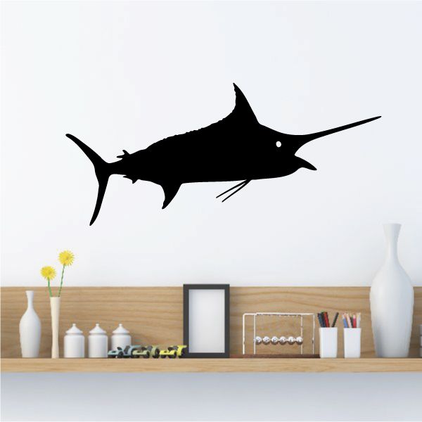 Marlin eating wall decal, black marlin fish silhouette with open mouth