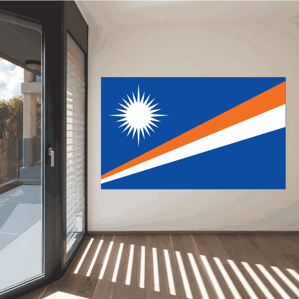 Marshall Islands flag sticker, rectangular blue with orange diagonal and white sunburst