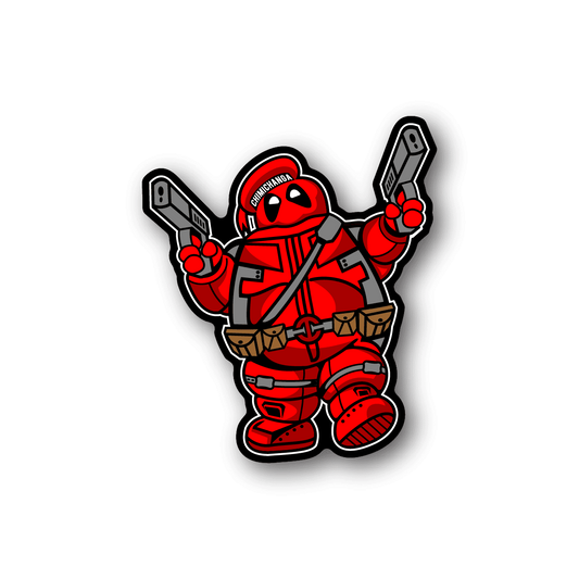 Red masked vinyl sticker with black outline and two raised arms