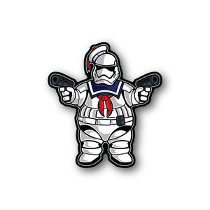 Trooper vinyl sticker with white-and-blue armor, red accents, and two blaster guns