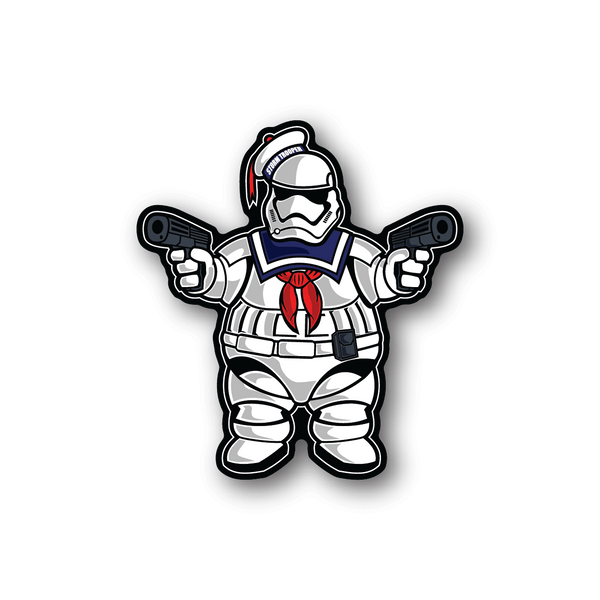 Trooper vinyl sticker with white-and-blue armor, red accents, and two blaster guns