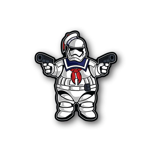 Trooper vinyl sticker with white-and-blue armor, red accents, and two blaster guns
