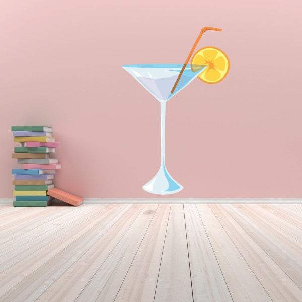 Martini drink glass sticker with lemon slice and orange straw