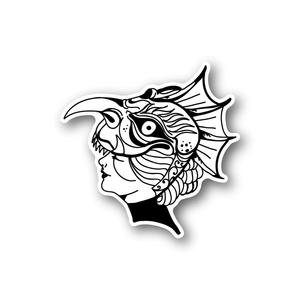 Mascarade Girl vinyl sticker of black-and-white profile with ornate striped headdress