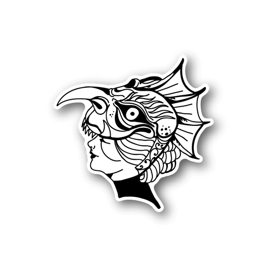 Mascarade Girl vinyl sticker of black-and-white profile with ornate striped headdress