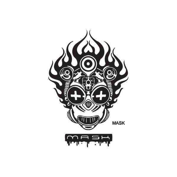 Graffiti mask decal with flames, circular eyes, and the word “MASK”