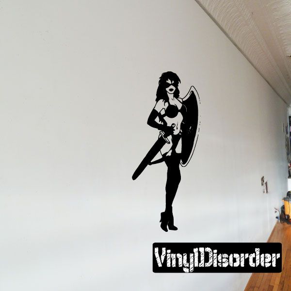 Masked shieldmaiden decal: black silhouette holding shield and weapon, with VikingDiesorder text