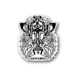 Vinyl sticker of masked warrior face with ornate details and wings, white ink