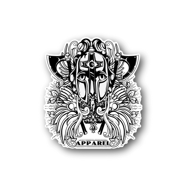 Vinyl sticker of masked warrior face with ornate details and wings, white ink