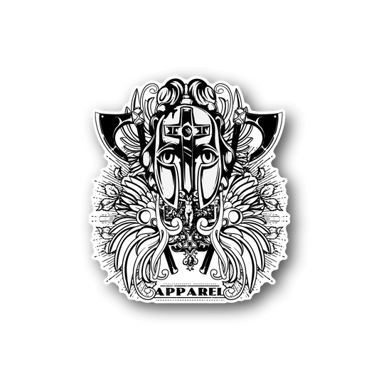 Vinyl sticker of masked warrior face with ornate details and wings, white ink