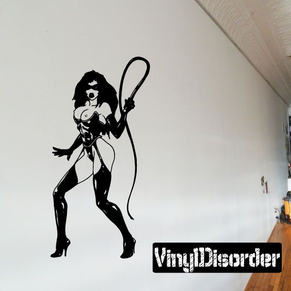 Masked woman wall decal with whip, black silhouette design