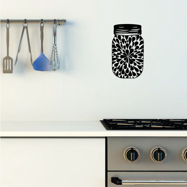 Mason jar drips decal with black jar and white floral patterned design