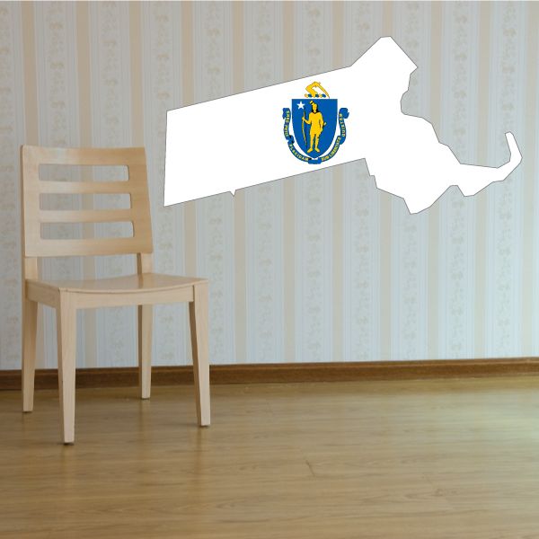 Massachusetts state flag sticker, map-shaped with blue shield and gold figure