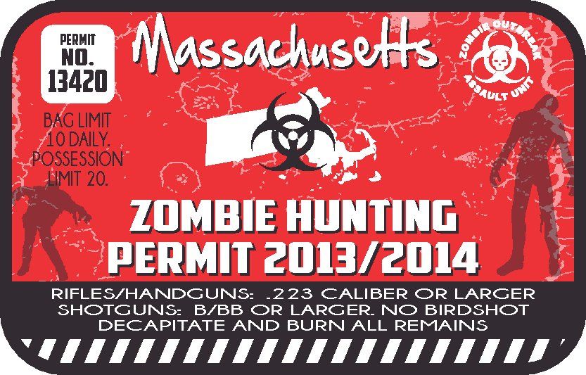 Massachusetts zombie hunting permit sticker with red text and biohazard symbol