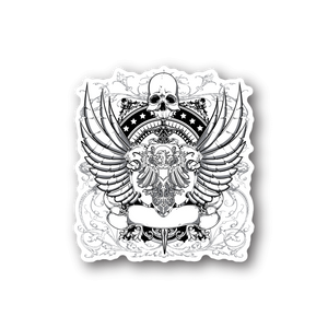 Vinyl sticker with skull and ornate wings graphic, black and white
