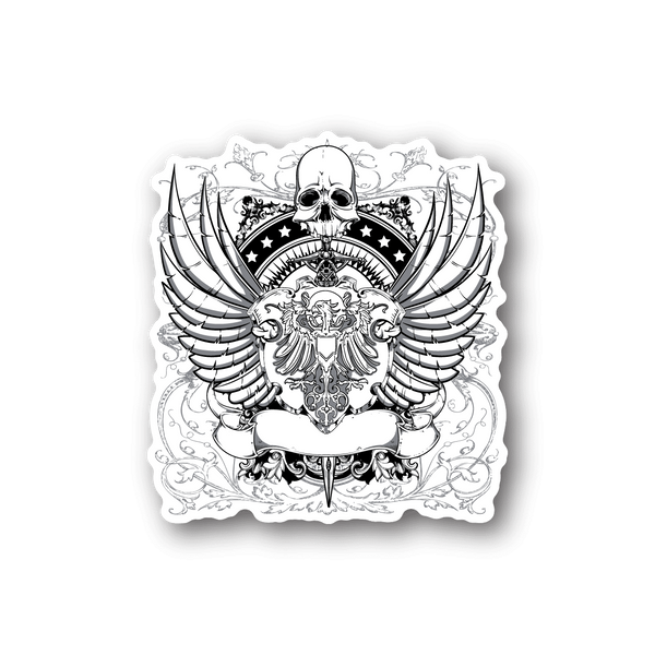 Vinyl sticker with skull and ornate wings graphic, black and white