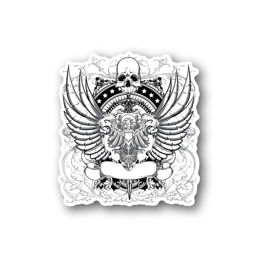 Vinyl sticker with skull and ornate wings graphic, black and white