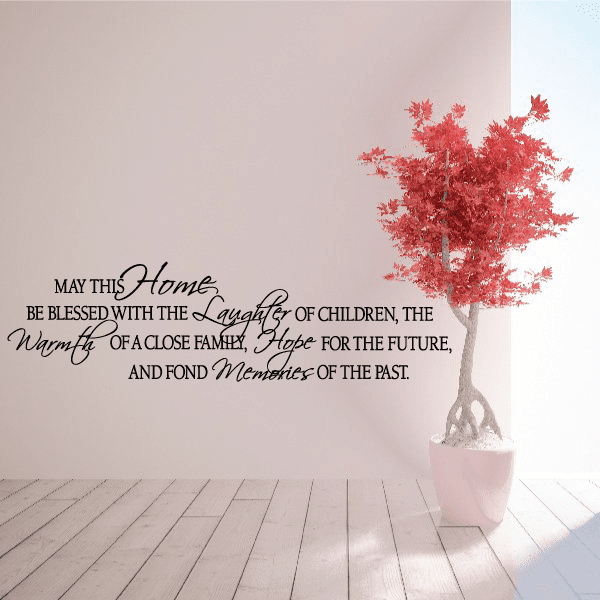Wall decal with cursive home quote and red blossom tree in pot