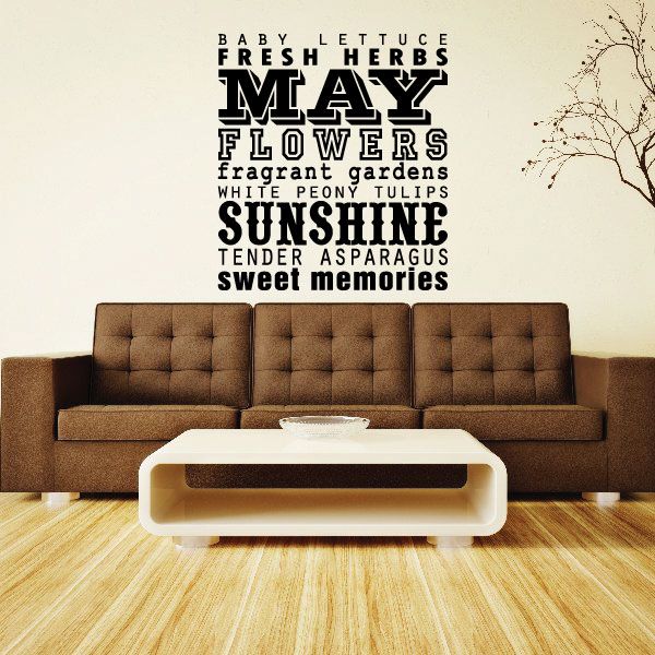 May word collage wall decal with May typography, herbs and flowers text, and branch accents
