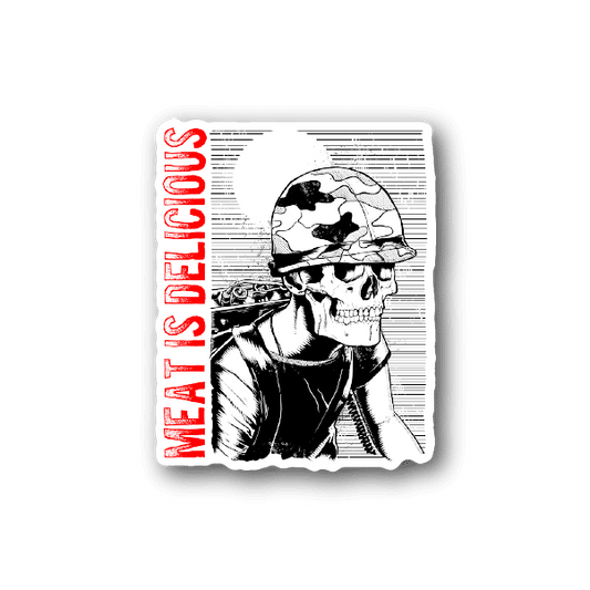 Vinyl skeleton soldier sticker with skull and knife, red lettering, rectangular