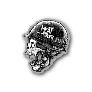 Vinyl sticker with soldier skull graphic and black text design