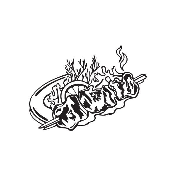 Meat kabob decal with grilled skewered meat, black and white outline