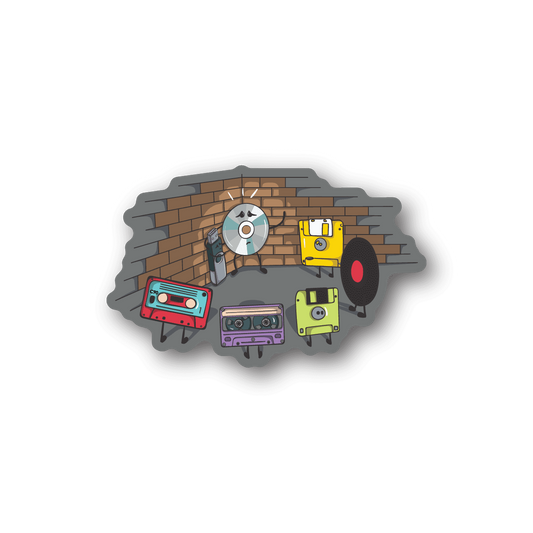 Vinyl sticker with cartoon brick wall, cassette tapes, and records