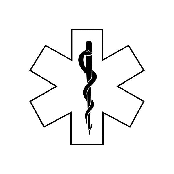 Medical caduceus decal: black caduceus staff with snakes on white cross