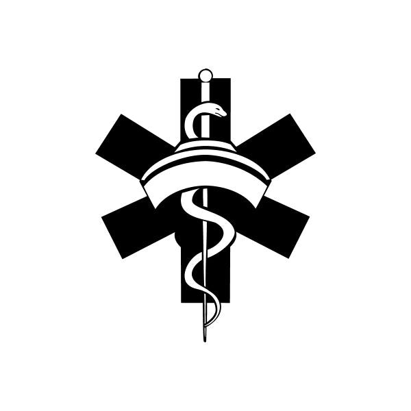 Medical emblem decal with caduceus-style staff and snake, black and white