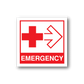 Medical emergency sticker with red cross, warning arrow, and EMERGENCY text