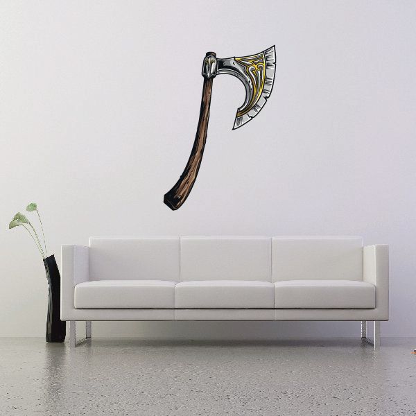 Medieval battle axe sticker with silver and gold head and dark wooden handle