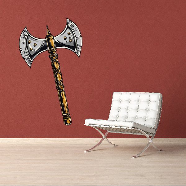 Medieval battle axe sticker with double-sided metal head and gold handle