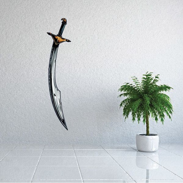Medieval falchion sword sticker with curved black-and-gold blade and pointed guard